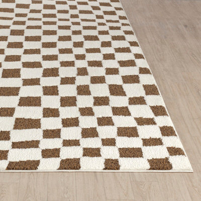IRINA Scandi Modern High Pile Ivory/Brown Checkered Area Rug 160 x 213 cm