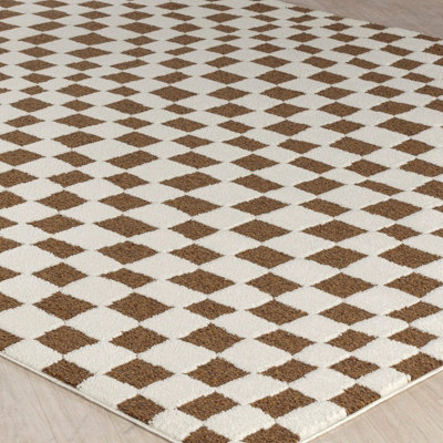 IRINA Scandi Modern High Pile Ivory/Brown Checkered Area Rug 160 x 213 cm