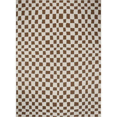 IRINA Scandi Modern High Pile Ivory/Brown Checkered Area Rug 200 x 275 cm