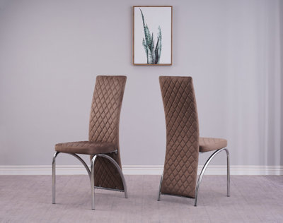 Irine Brown Velvet Dining Chairs Set of 4, High Back Chairs with Chrome Frame in Brown DIY at B&Q