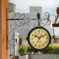 Iron Antique Look Black Round Wall Hanging Double Sided Two Faces Retro Station Clock Round
