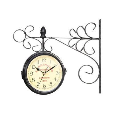 Iron Antique Look Black Round Wall Hanging Double Sided Two Faces Retro Station Clock Round