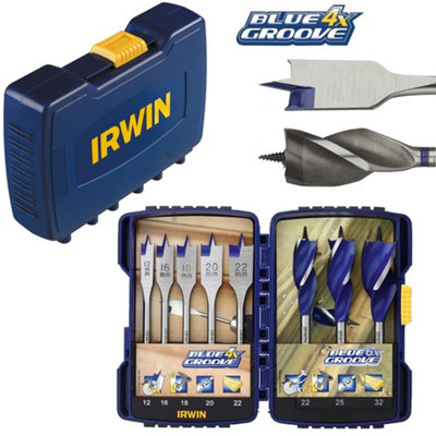 Irwin 10507593 8 Piece Blue Groove Auger + Flat Bit Set 4x Faster Cut Tri Flute