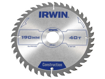 IRWIN - Construction Circular Saw Blade 190 x 30mm x 40T ATB