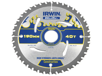 Irwin Weldtec Circular Saw Blade 190 x 30mm x 40T ATB IRW1897384