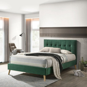 Isabella Double Bed - Green - Velvet Upholstery Button Detailing Wooden Feet Padded Headboard