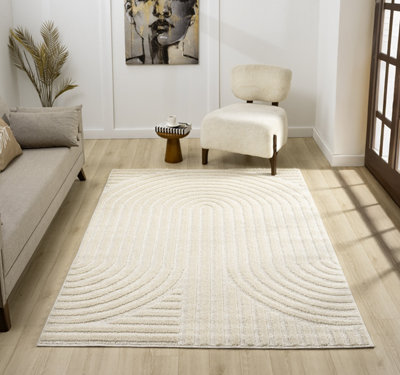 Isabella Living Room Area Rugs - Embossed Mazia Arch Lines Design Cream 200cm x 290cm