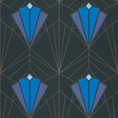 Isadora Blue Gold Art Deco Retro Wallpaper Debona Paste The Wall Glitter Textured Vinyl