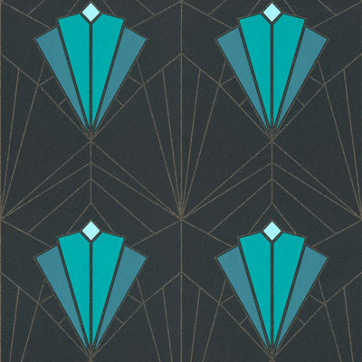 Isadora Teal Gold Art Deco Retro Wallpaper Debona Paste The Wall Glitter Textured Vinyl