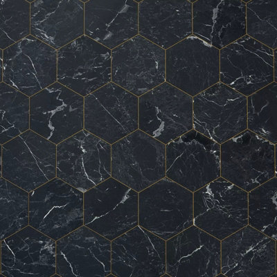 Italian Black Marble Tile Vinyl by Remland (3m x 3m)