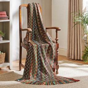 Italian Style Blanket - 100% Acrylic Multicoloured Zig Zag Aztec Design Bed, Sofa or Armchair Throw with Tassels - L170 x W130cm