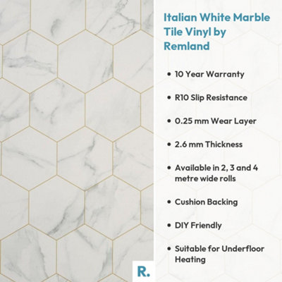 Italian White Marble Tile Vinyl by Remland (3.00 m x 2.00 m)