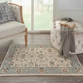 Ivory Aqua Luxurious Traditional Easy to clean Rug for Dining Room Bed Room and Living Room-107cm X 168cm