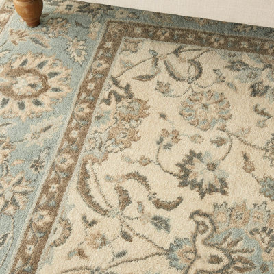Ivory Aqua Luxurious Traditional Easy to clean Rug for Dining Room Bed Room and Living Room-107cm X 168cm