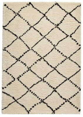 Ivory Black Shaggy Rug, Geometric Stain-Resistant Rug, Modern Moroccan Rug for Bedroom, & Dining Room-160cm X 230cm