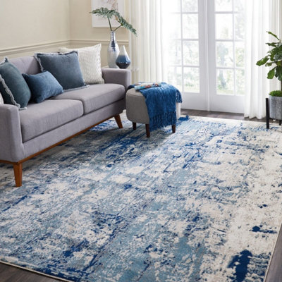 Ivory Blue Abstract Luxurious Modern Easy to clean Rug for Dining Room Bed Room and Living Room-117cm X 178cm