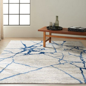 Ivory Blue Abstract Modern Rug For Dining Room-69 X 221cm (Runner)