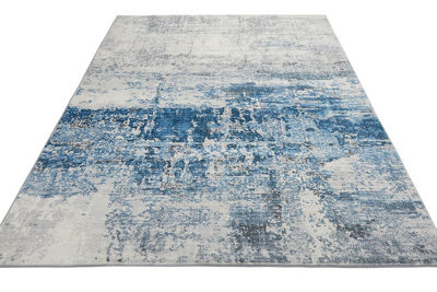 Ivory Blue Abstract Polyester Modern Soft Bedroom, LivingRoom Rug - 120cm X 180cm