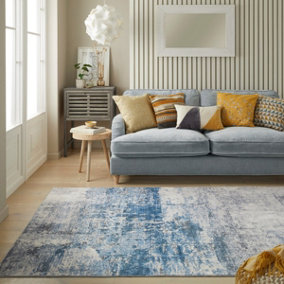Ivory Blue Abstract Polyester Modern Soft Bedroom, LivingRoom Rug - 160cm X 230cm