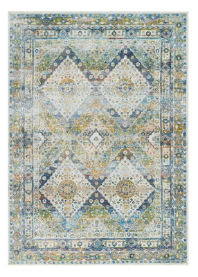 Ivory Blue Green Rug, Floral Rug, Persian Rug, Stain-Resistant Traditional Rug for Bedroom, & Dining Room-122cm (Circle)