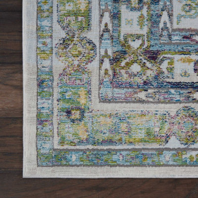 Ivory Blue Green Rug, Floral Rug, Persian Rug, Stain-Resistant ...