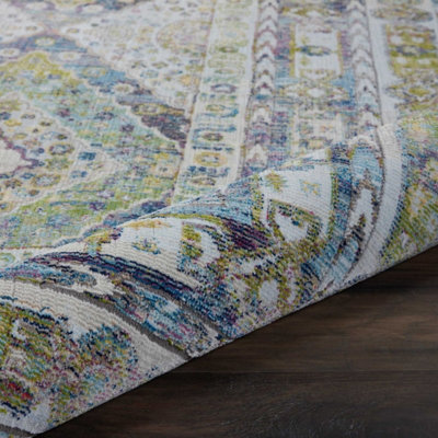 Ivory Blue Green Rug, Floral Rug, Persian Rug, Stain-Resistant ...