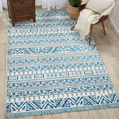 Ivory Blue Modern Shaggy Geometric Moroccan Dining Room Bedroom & Living Room Rug-119cm X 180cm