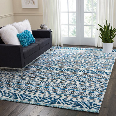 Ivory Blue Modern Shaggy Geometric Moroccan Dining Room Bedroom & Living Room Rug-160cm X 221cm