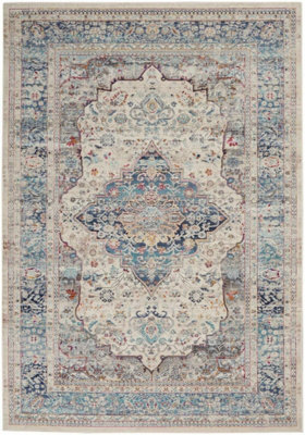 Ivory Blue Rug, Stain-Resistant Bordered Floral Rug, Traditional Luxurious Rug for Bedroom, & Dining Room-115cm (Circle)