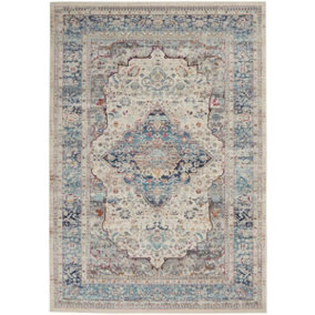 Ivory Blue Rug, Stain-Resistant Bordered Floral Rug, Traditional Luxurious Rug for Bedroom, & Dining Room-183cm (Circle)