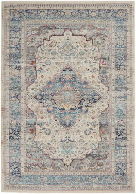 Ivory Blue Rug, Stain-Resistant Bordered Floral Rug, Traditional Luxurious Rug for Bedroom, & Dining Room-61cm X 115cm