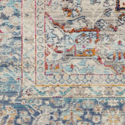 Ivory Blue Rug, Stain-Resistant Bordered Floral Rug, Traditional Luxurious Rug for Bedroom, & Dining Room-61cm X 115cm