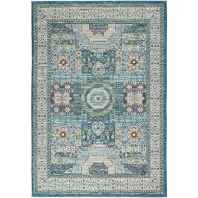 Ivory Blue Rug, Stain-Resistant Luxurious Rug, Traditional Bordered Floral Rug for Bedroom, & DiningRoom-122cm (Circle)