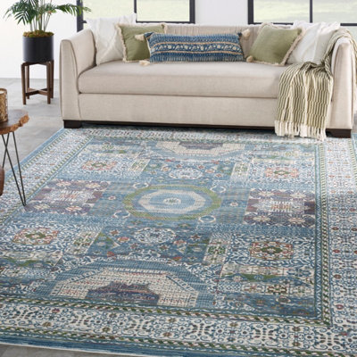 Ivory Blue Rug, Stain-Resistant Luxurious Rug, Traditional Bordered ...