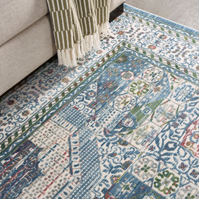 Ivory Blue Rug, Stain-Resistant Luxurious Rug, Traditional Bordered ...