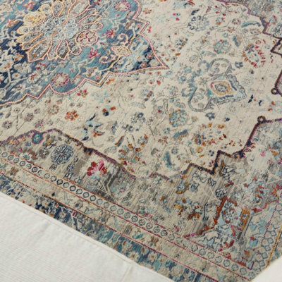Ivory Blue Shaggy Luxurious Traditional Persian Easy to Clean Bordered Geometric Rug For Dining Room -269cm X 361cm