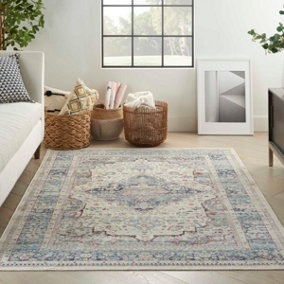 Ivory Blue Shaggy Luxurious Traditional Persian Easy to Clean Bordered Geometric Rug For Dining Room -61cm X 115cm