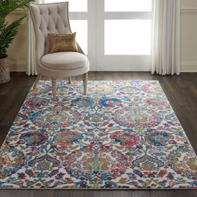 Ivory Blue Traditional Easy to Clean Floral Dining Room Bedroom And Living Room Rug-122cm X 183cm