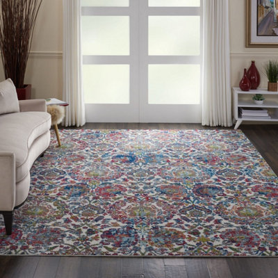 Ivory Blue Traditional Easy to Clean Floral Dining Room Bedroom And Living Room Rug-269cm X 361cm