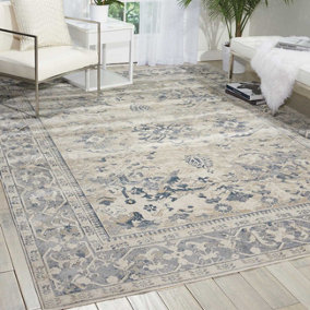 Ivory Blue Traditional Floral Luxurious Easy to Clean Rug for Living Room Bedroom and Dining Room-66 X 231cm (Runner)