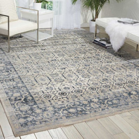 Ivory Blue Traditional Luxurious Floral Easy to Clean Rug for Living Room Bedroom and Dining Room-160cm X 231cm