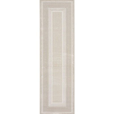 Ivory Bordered Polyester Modern Soft Bedroom, LivingRoom Rug - 69 X 229cm (Runner)