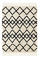 Ivory Charcoal Geometric Rug, 50mm Thick Handmade Rug, Shaggy Moroccan Rug, Modern Rug for Bedroom-80cm X 150cm