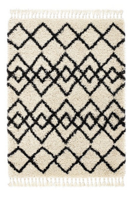 Ivory Charcoal Geometric Rug, 50mm Thick Handmade Rug, Shaggy Moroccan Rug, Modern Rug for Bedroom-80cm X 150cm