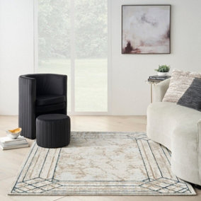 Ivory Cream Abstract Modern Bordered Rug Easy to clean Living Room and Bedroom-69 X 229cmcm (Runner)