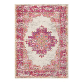 Ivory Fuschia Rug, Stain-Resistant Floral Rug, Luxurious Traditional Persian Rug for Bedroom & DiningRoom-114cm X 175cm