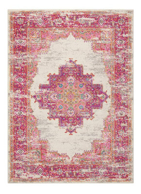 Ivory Fuschia Rug, Stain-Resistant Floral Rug, Luxurious Traditional Persian Rug for Bedroom & DiningRoom-160cm X 221cm