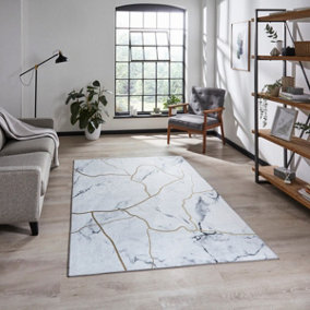 Ivory Gold Abstract Modern Rug Easy to clean Living Room Bedroom and Dining Room-120cm X 170cm