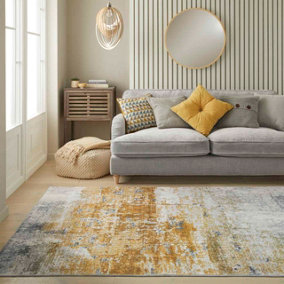 Ivory Gold Abstract Polyester Modern Soft Living Room, Bedroom Rug - 120cm X 180cm