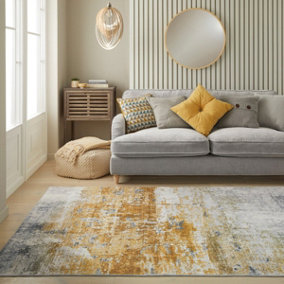 Ivory Gold Abstract Polyester Modern Soft Living Room, Bedroom Rug - 160cm X 230cm